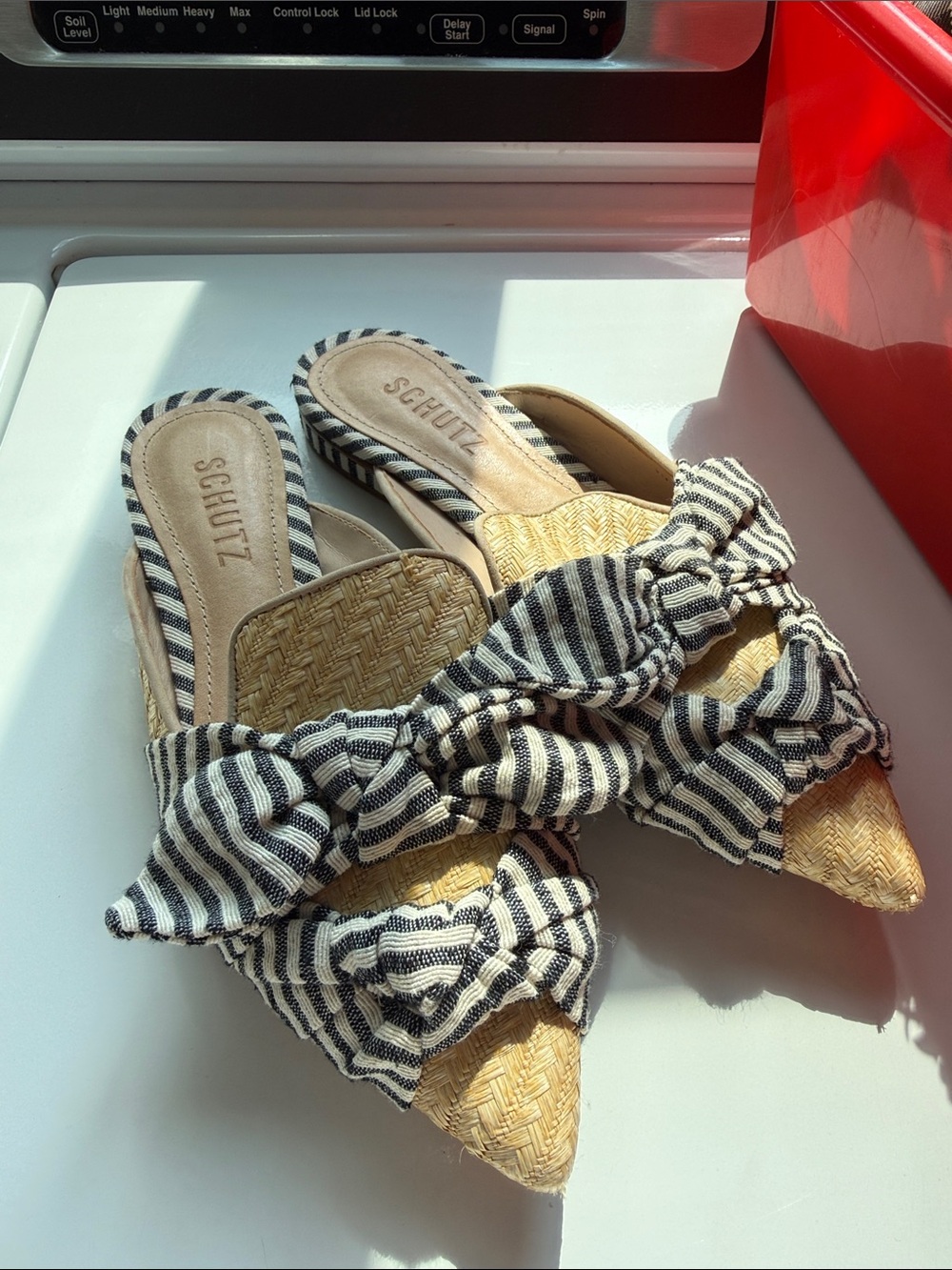 SCHUTZ Striped Bow Raffia Pointed Mules